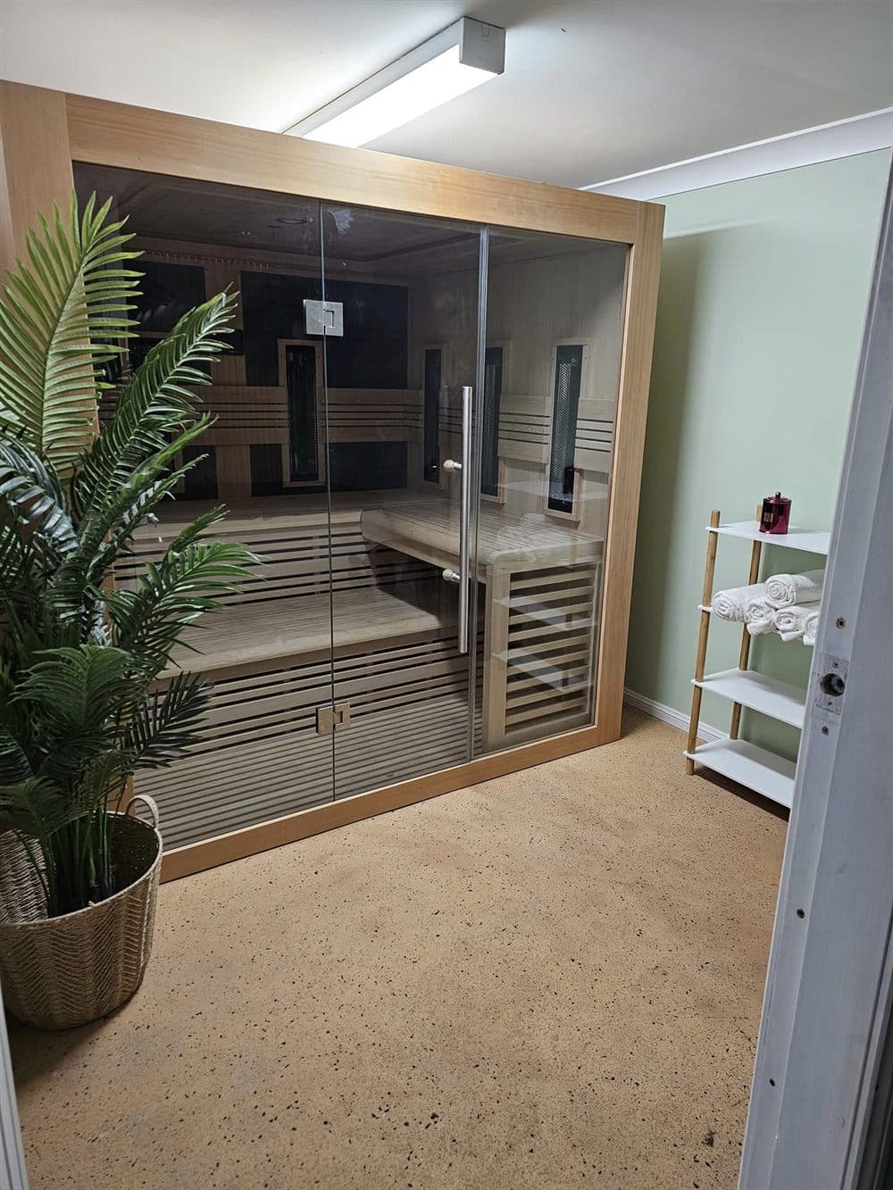 The infrared sauna cabin in The Bar's recovery room